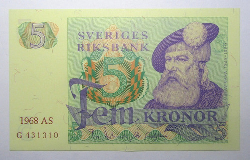 Suecia Billete 5 Koronas 1968 Pick 51 D Unc Sin Circular