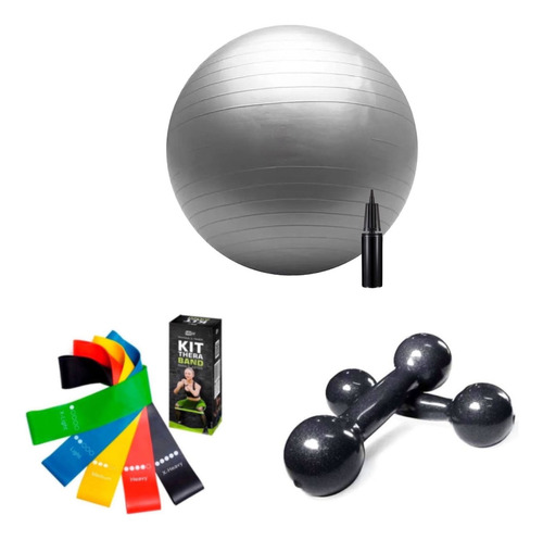 Kit Fisio. Halter 1kg + Bola De Pilates + Kit Theraband Cor Cinza