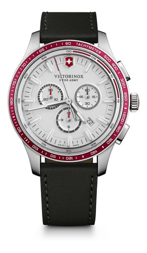 Reloj pulsera Victorinox Alliance Alliance sport chronograph de cuerpo color plateado, analógico, para hombre, fondo blanco, con correa de cuero color negro, agujas color blanco y plateado, dial blanco, subesferas color blanco y negro, minutero/segundero negro, bisel color rojo y hebilla simple