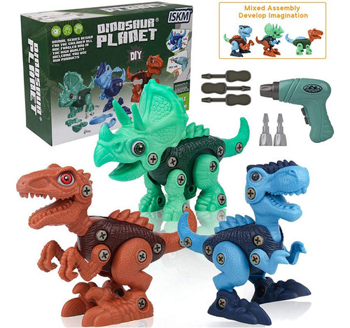 Set De 3 Dinosaurios Armables Y Combinables (+ Taladro)