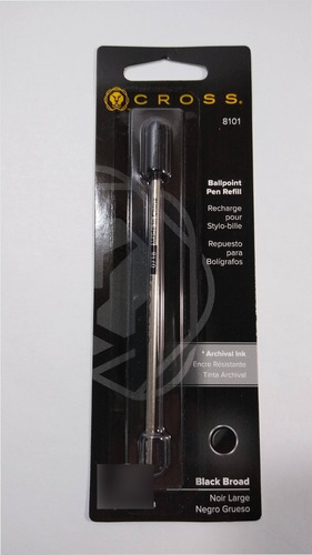 Tanque Repuesto Cross Ballpoint Pen Refill Trazo Grueso Tinta Negro (8101) Exterior Plateado