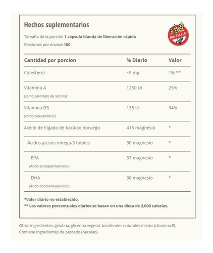Aceite Higado Bacalao Omega 3 Vitamin A D Sundance 100 Cap Sabor Neutro