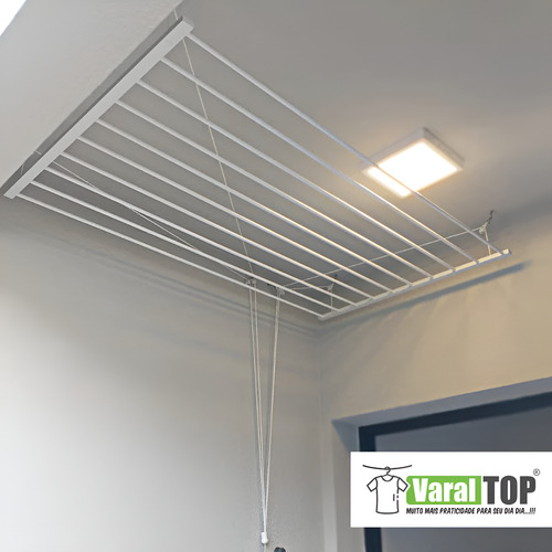Varal Tradicional De Teto 130cm Com 09 Varetas Em Alumínio Cor Branco