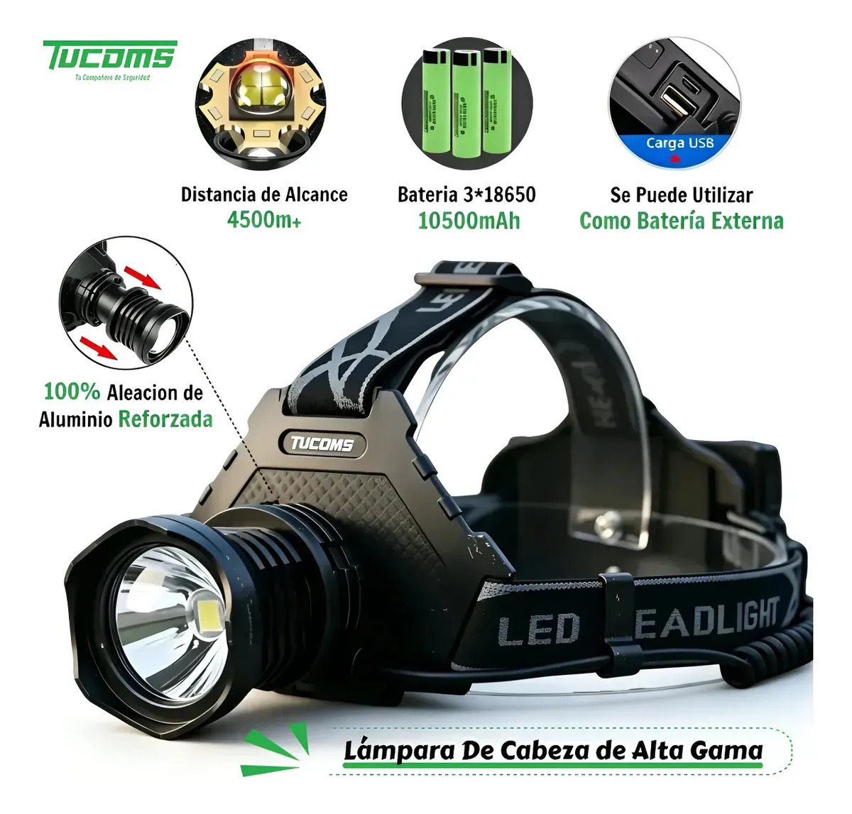 TUCOMS Lámpara De Cabeza 10500mAh Batería 4500m Alcance 100% Aleación De Aluminio, Linterna Frontal Zoom Recargable USB Con Luz Advertencia Para Lámpara de Minero Camping Búsqueda 