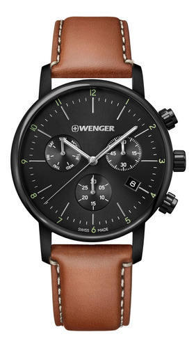 Reloj Wenger Urban Classic Chrono para hombre, marrón, color del bisel: negro, color de fondo: negro