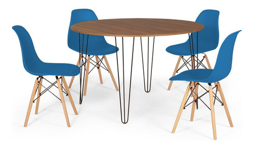 Mesa De Jantar Base Hairpin 120cm Natural + 4 Cadeiras Solo Cor Azul