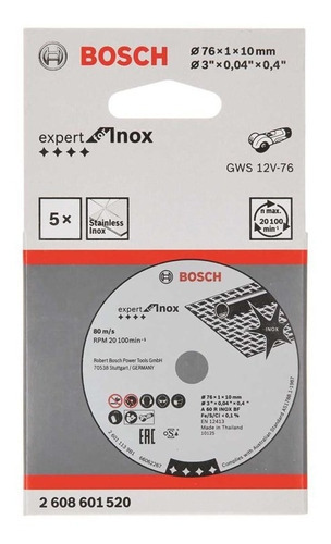 Disco de corte de hierro inoxidable Bosch Gws 12v-76, 76 mm, 3 polos, 5 piezas