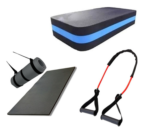 Kit Tapete Yoga Mat Pilates  Step Academia  Elastico Treino