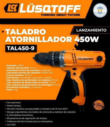Imagen 10 de 10 de Taladro Atornillador Percutor Lusqtoff 450w Electrico 13mm