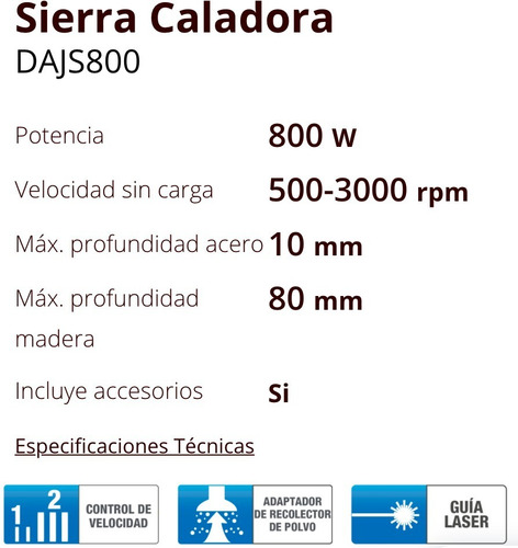 Imagen 5 de 10 de Sierra Caladora Daewoo 800w Vel Variable Pendular Guia Laser