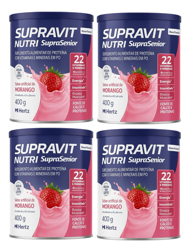 4 Latas Supravit Nutri Vitaminas Em Pó Lata 400g Morango