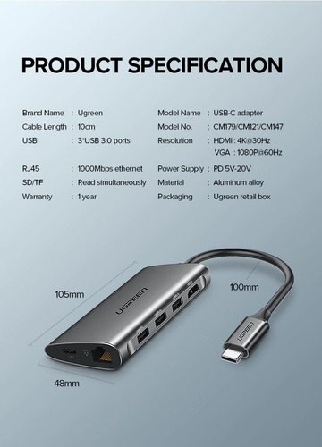 Adaptador De Red 8 En 1 Ugreen Tipo C Hub3.0 Hdmi Macbook