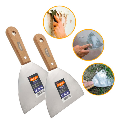 Kit 2pc Espátula Inox 12,5cm Cabo Madeira Gesso Massa Pintor