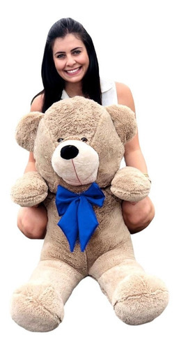 Urso Teddy Gigante Pelúcia Com Laço 1,10m Cores Antialérgico Cor Avelã / Azul