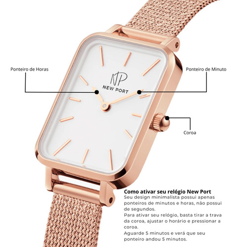 Relógio Quadrado Casual Feminino Minimalista New Port Rosé