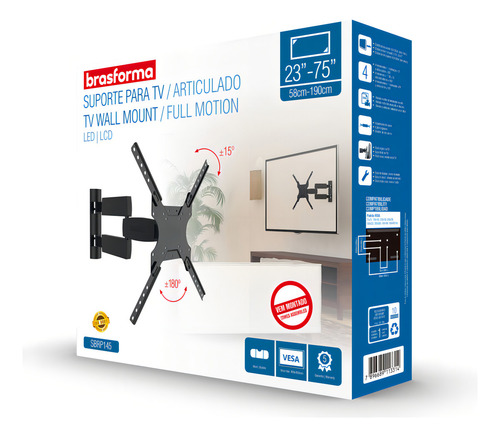 Suporte Brasforma SBRP145 de parede para TV/Monitor de 23" até 75" preto