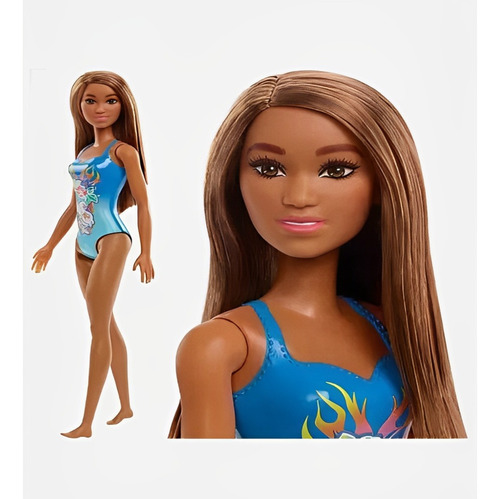 Boneca Barbie Morena Praia Mattel Diversão Meninas Maiô Azul