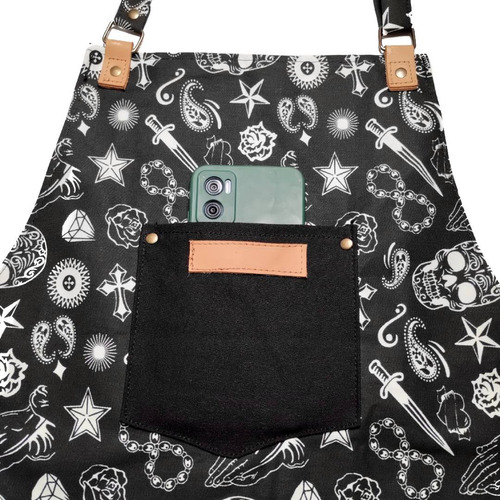 Delantal Gabardina Negra Y Cuero Vacuno Genuino Hogar Cocina