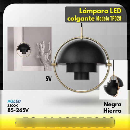 Lampara Led Colgante 5w Negro 3500k Ac85-265v Iron Tp028