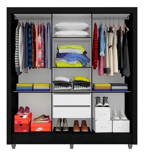 Guarda Roupa Casal Vivian 3 Portas Esp Maior Preto Fosco Cor Preto-fosco