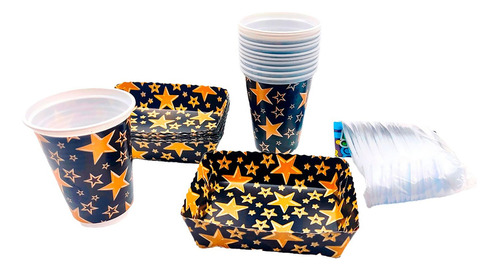 Kit Vasos Platos Y Cubiertos Negro Dorado Estrellas X 12 Un