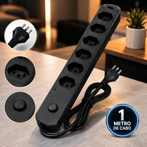 Regua Extensao Eletrica 6 Tomadas 10a Filtro De Linha Cabo 1 Metro Bivolt Padrao Brasileiro 3 Pinos Protecao Contra Sobrecarga Ideal Para Casa