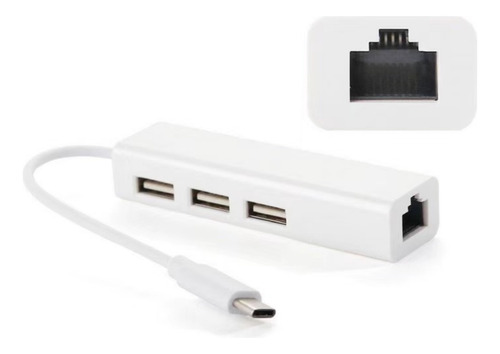 Adaptador Tipo C A Rj45 Lan + Hub Usb 2.0 X 3 P/ Windows Mac