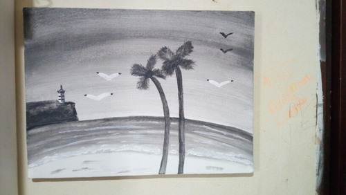 Cuadro De Atardecer En La Playa (blanco Y Negro) 12x16