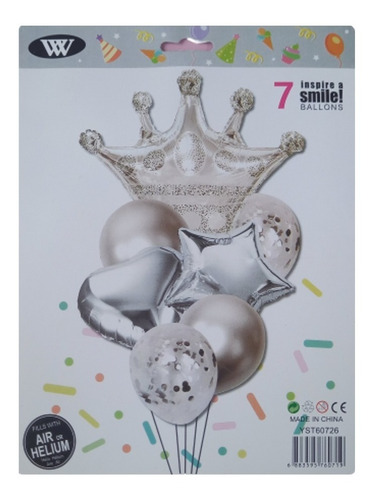 Set X7 Globos Metalizados Confeti Corona Plateada