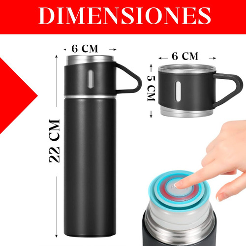 Termo Bebidas Frias Y Caliente + 3 Tazas En Acero Inoxidable Gris