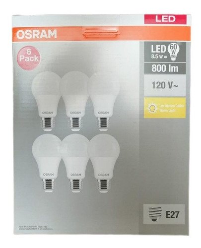 Focos Led Osram Luz Cálida 6 Focos De 8.5 Watts Equivale 60w Color De La Luz Blanco Cálido
