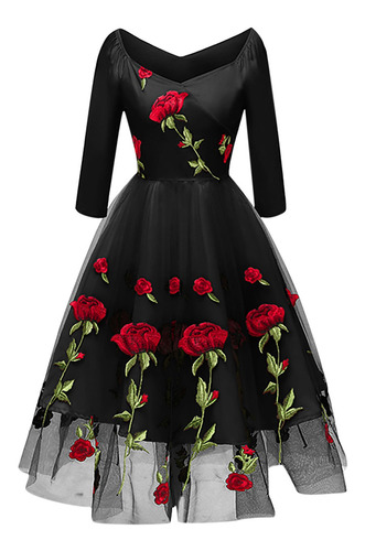 Vestido Mujer Vintage Rose Embroidery Temperament V-neck 846 