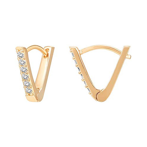 Pendientes V Huggie Plateados Oro 14k Circonia Rose Gold