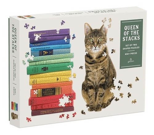 2 Puzles Rompecabeza Con Forma 650pcs, Libros Y Gato, Mudpup