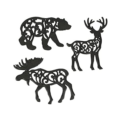 Set Of 3 Black Cast Iron Lodge Design Wild Animal Weste...