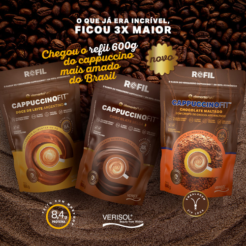 Refil Cappuccino Fit Com Whey Protein E Colágeno Verisol Proteína Concentrada Não Desnaturada 600g Sabor Chocolate Maltado