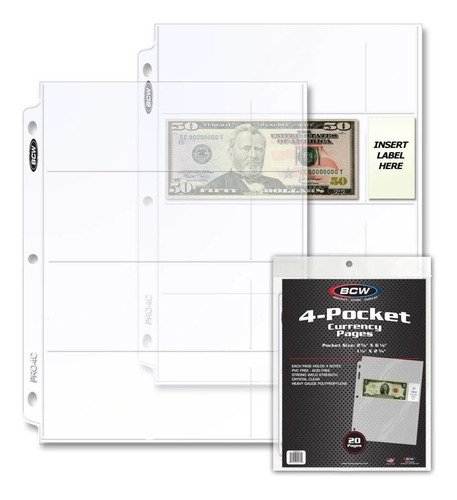 Hojas Para Billetes 4 Espacios - Transparente - 20 Unidades