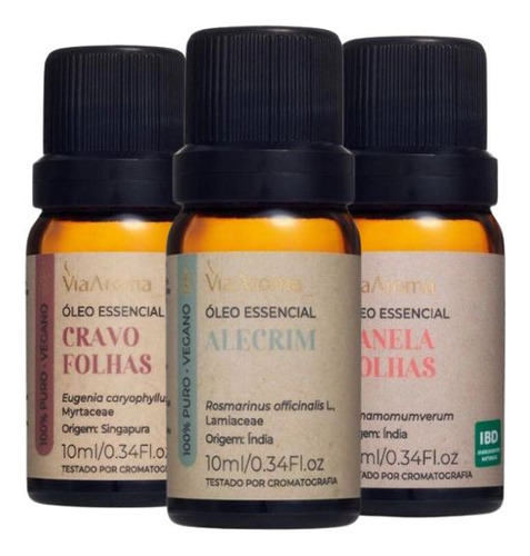 Kit 3 Óleos Essenciais Via Aroma Cravo Canela Alecrim 10ml