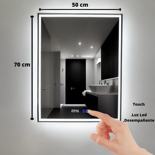 Espejo Rectangular Touch 50x70 3 Luces+dimmer+antifog+reloj