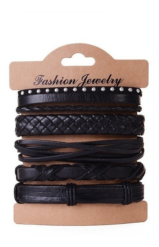 Conjunto Pulsera Brazalete Hombre Moda Cuero 5 En 1 Puntos