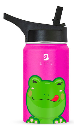 Termo De Agua Para Niños 355 Ml Con Popote Y Asa. B Life Color Rana