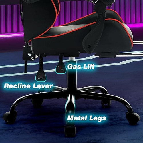 Silla De Juegos Ergonómica Con Reposapiés Y Reclinable Rojo Cuero Sintético