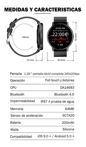 Imagen 8 de 10 de Reloj Smartwatch Tactil Bluetooth Calorias Pasos Sueño