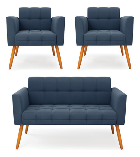 Conjunto Sofá Retrô E 02 Poltronas Elisa Suede Azul Marinho