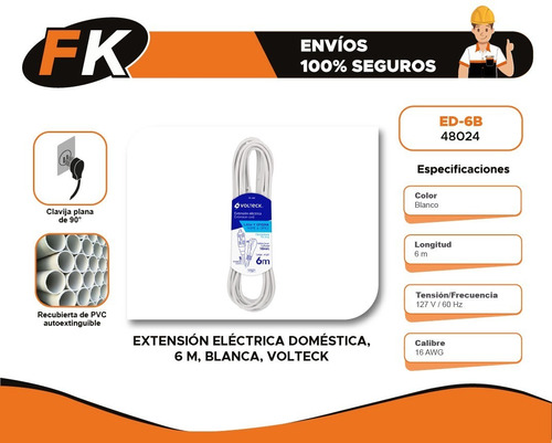 Imagen 3 de 4 de Extensión Eléctrica Doméstica, 6 M, Blanca, Volteck 48024