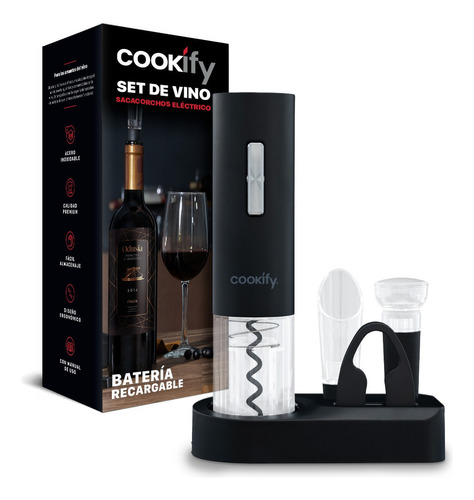 Sacacorchos Eléctrico Recargable Usb Cookify Con Base: 4 En 1 Para Vino, Incluye Cortador, Vertedor/aireador Y Tapón. Perfecto Para Amantes Del Vino, Regalo Ideal, Uso Fácil Y Cómodo 