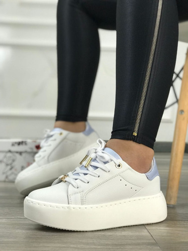 Tenis Dama Bolichero Blancos Mujer Cosidos Plataforma