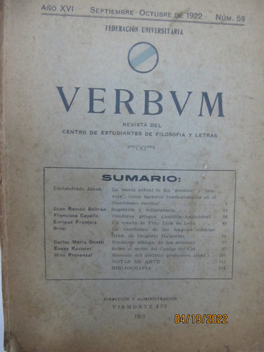 Verbum Centro De Est.  Filosofia Nª 59 Sept Oct 1922