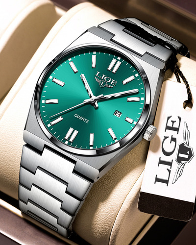 Reloj De Cuarzo Hombre Analógico Relojes Pulsera Moda Watch Correa Plateado Bisel Plateado Fondo Verde