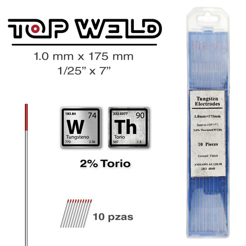 Electrodo Tungsteno Rojo 2% Torio 1mm (1/25 X 7)  [10 Pzas]